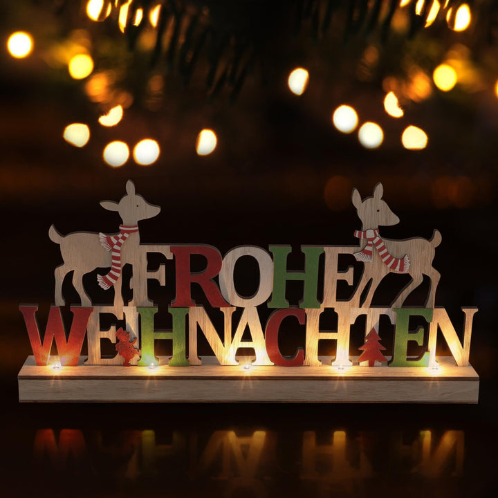com-four® LED Deko Aufsteller aus Holz - beleuchteter Schriftzug auf Holzsockel - Deko-Schriftzug zu