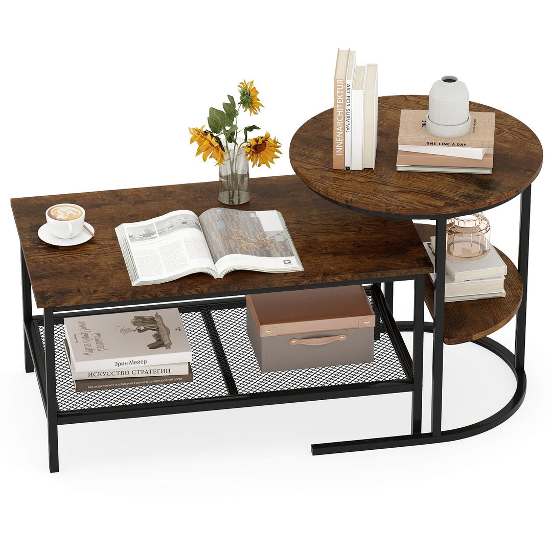 COSTWAY 2er Set Couchtisch, Beistelltisch Marmor Optik mit Metallrahmen & Ablage, Kaffeetisch Wohnzi