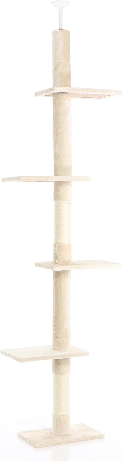 Fudajo Kratzbaum deckenhoch 230–276 cm in Beige, Katzenkratzbaum mit 4 Ebenen, Katzenbaum Deckenspan