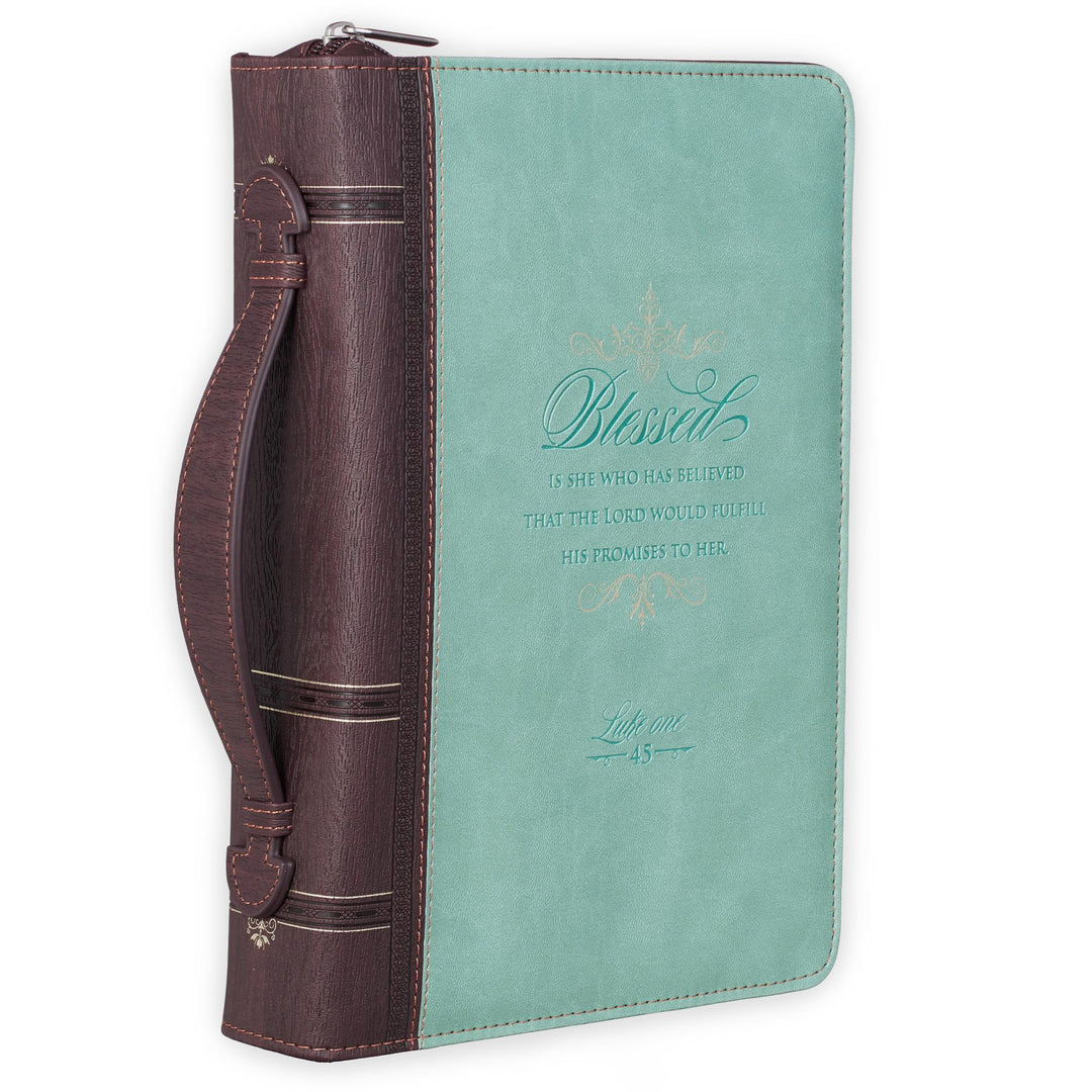 Bible Cover, Blessed Is She, Light Blue and Brown, Large, Large