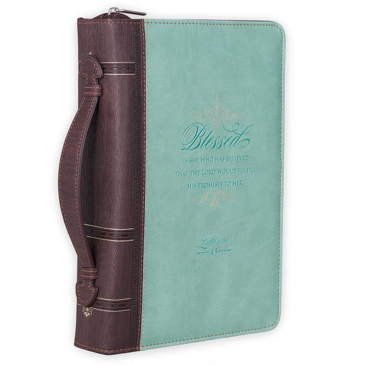 Bible Cover, Blessed Is She, Light Blue and Brown, Large, Large