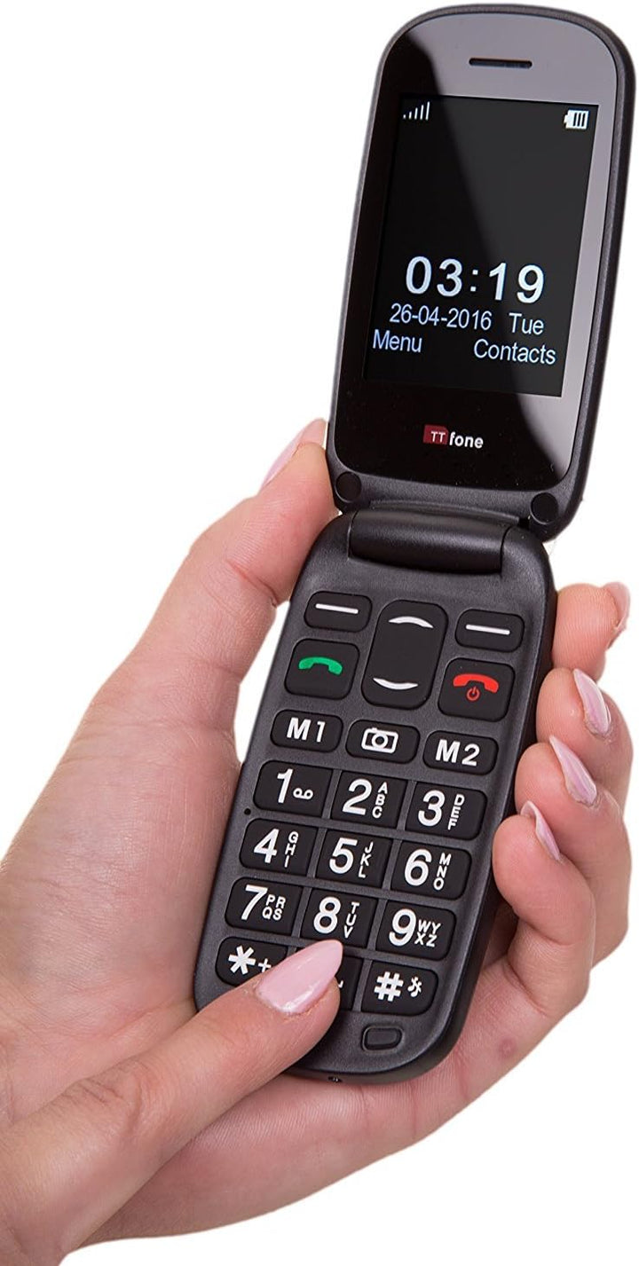 TTfone Lunar grosse Tasten unkompliziert Simlock-frei Klapp-Design Mobiltelefon (Schwarz) Black, Bla