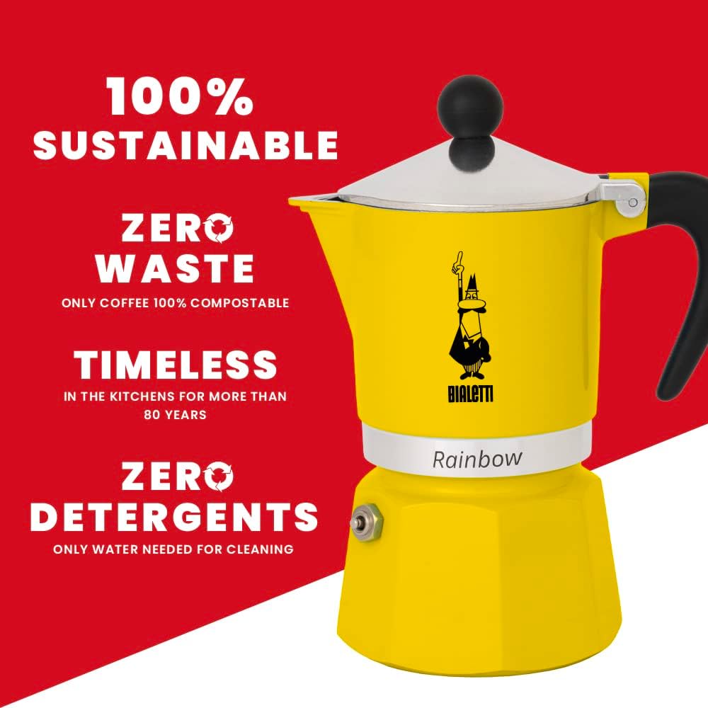 Bialetti 4982 Rainbow Caffettiera Colorata, Alluminio, Giallo, 3 Tazze, Gelb Gelb 3 Tassen