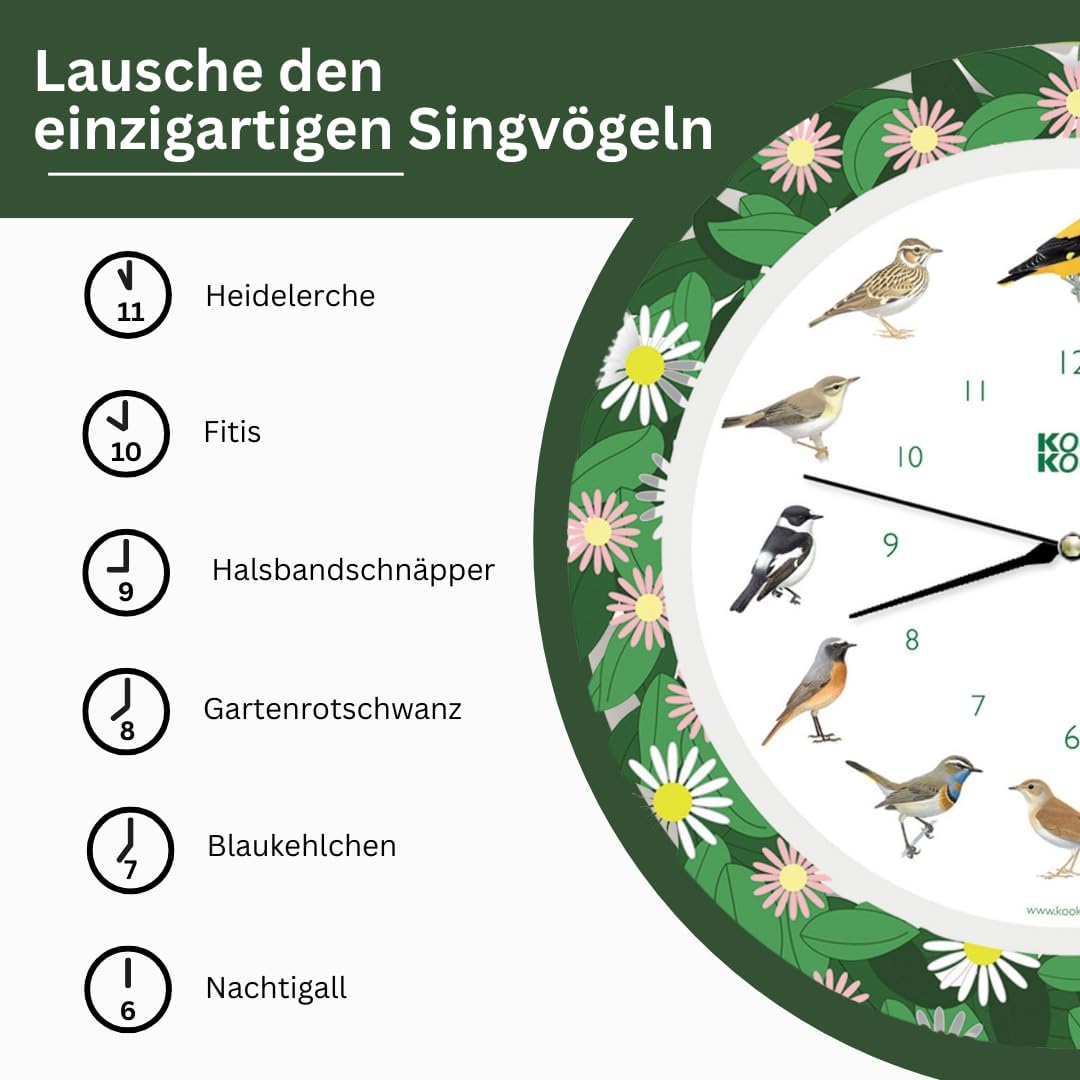 KOOKOO Singvögel Flower Planet, Quarzwerk, Die Singende Vogeluhr, ist eine Uhr mit 12 heimischen Sin