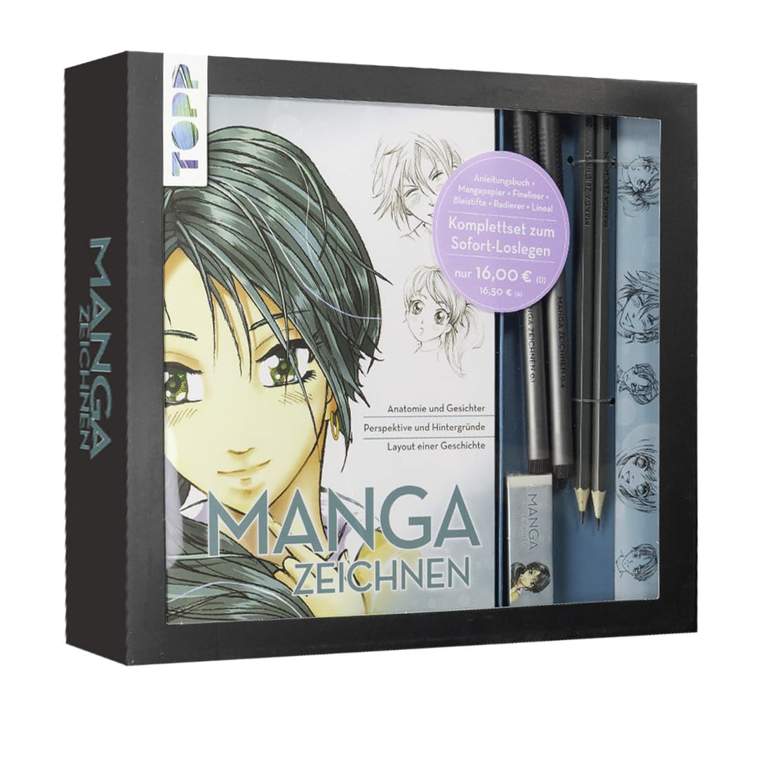 Kreativ-Set Manga zeichnen. Buch mit Mangagrundlagen (32 Seiten, 14 x 21 cm, Softcover) sowie Zeiche