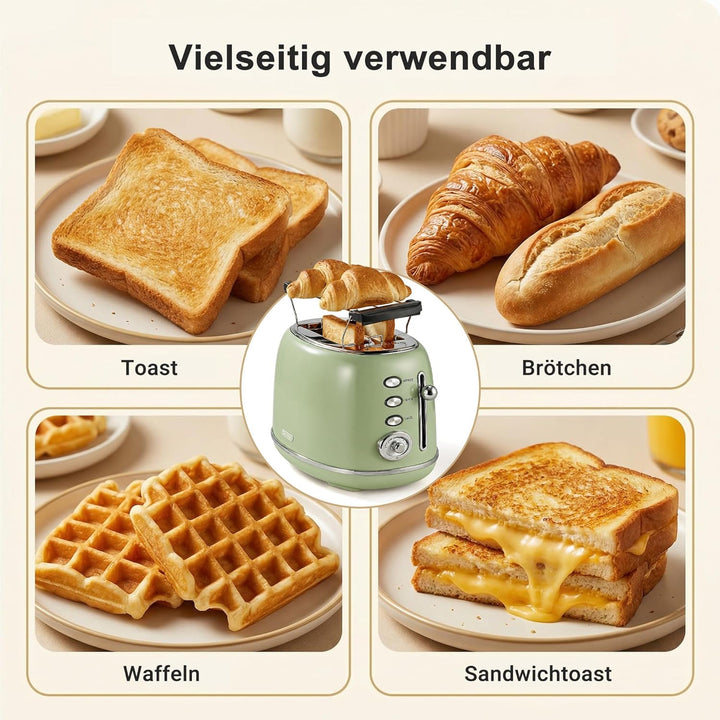 Retro Toaster 2 Scheiben Edelstahl – Brötchenaufsatz, 6 Röststufen, Vorheiz- und Auftaufunktion, Abs