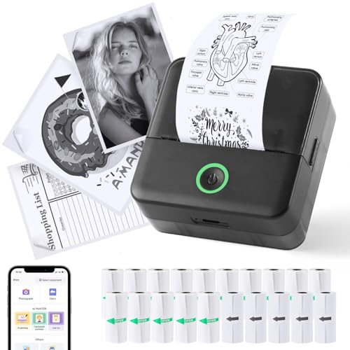 PRAOAHEI Mini Drucker, Tragbarer Fotodrucker mit 20 Rollen Druckerpapier, Bluetooth-Etikettendrucker