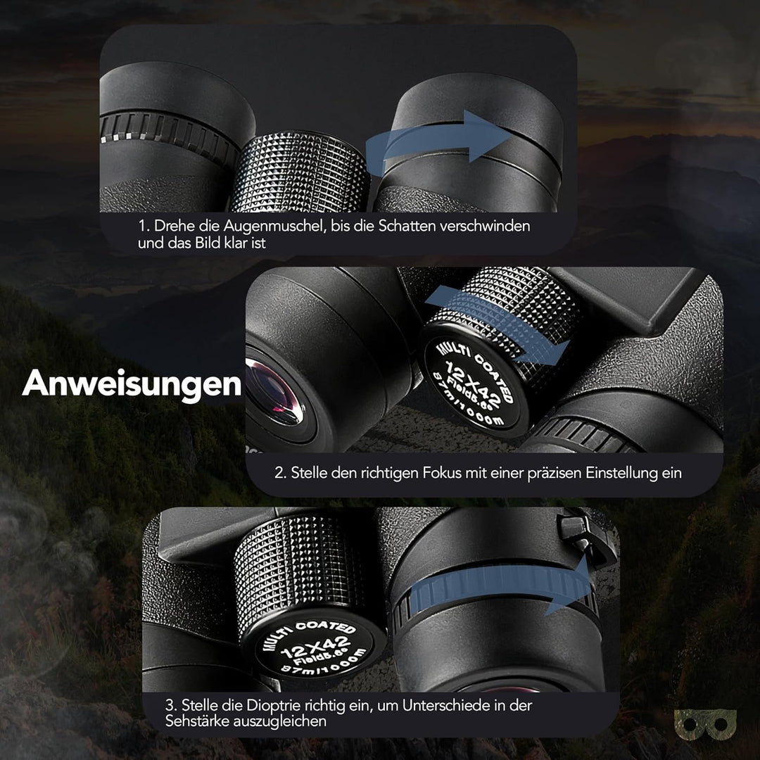 12x42 HD-Fernglas für Erwachsene | Wasserdichtes Fernglas, Bak-4-Prisma, FMC-Objektiv | Ideal für Vo