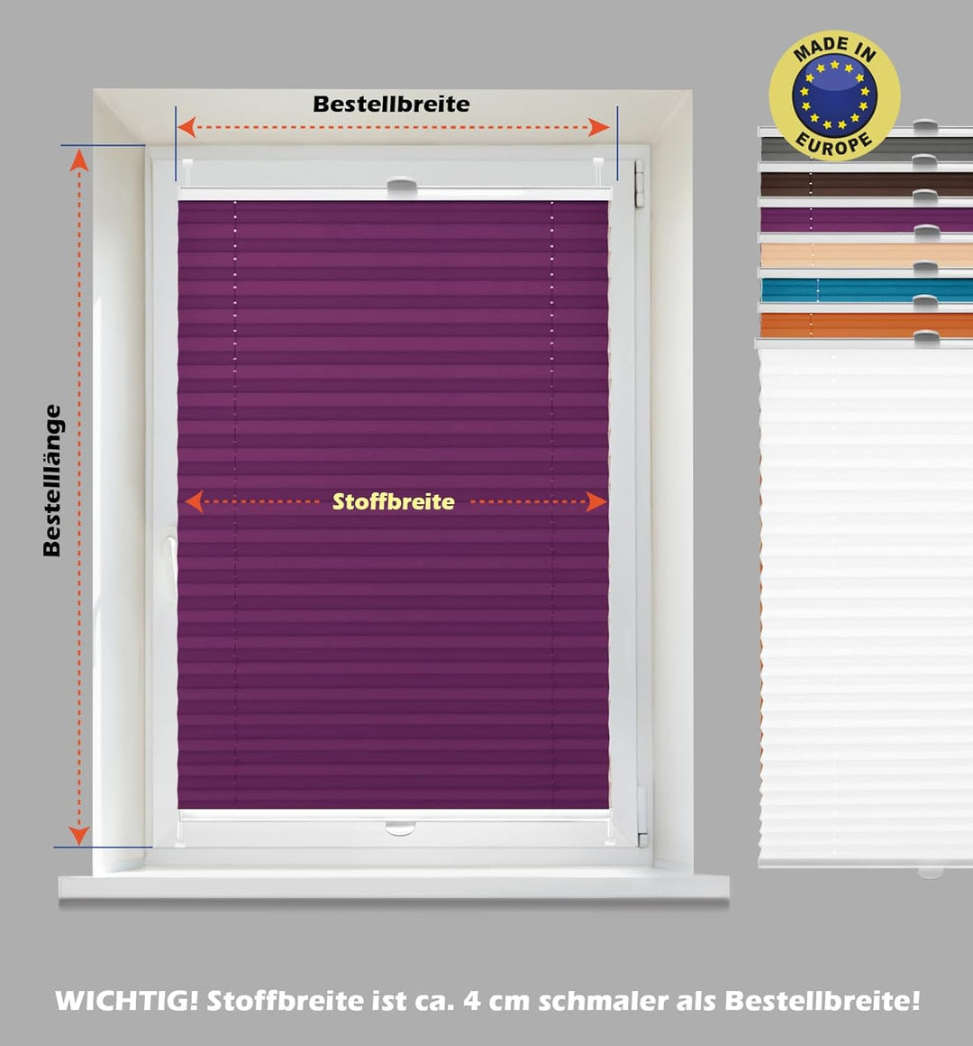 Domdeco Plissee 85x220cm Violett mit weiss lackierten Alu-Profilen, KlemmFix-Halterung zur Montage o
