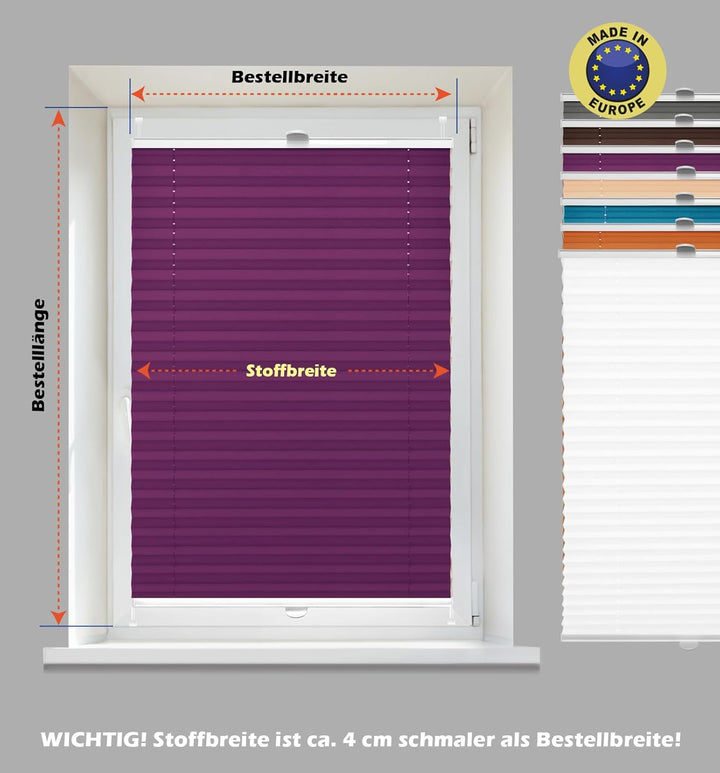 Domdeco Plissee 85x220cm Violett mit weiss lackierten Alu-Profilen, KlemmFix-Halterung zur Montage o