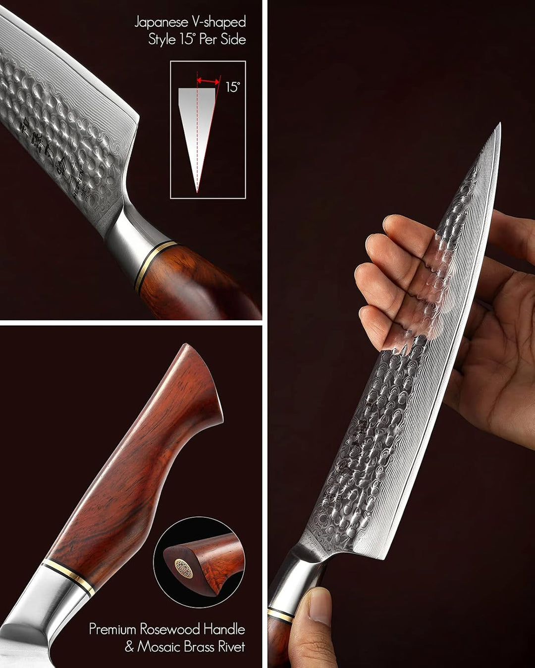 HEZHEN Damastmesser Set, 73 Lagen Damas Stahl Küchenmesser, Profi Kochmesser Set, Santoku Brotmesser