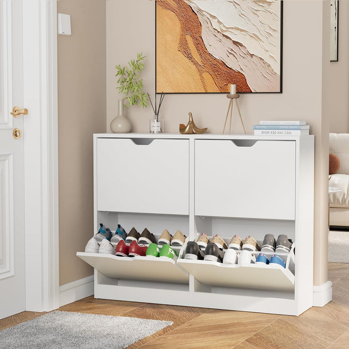 VOWNER Schuhschrank mit 4 Klappen, Schuhschrank Weiss, Schmaler Schuhregal, mit 8 Fächern, Schuhabla
