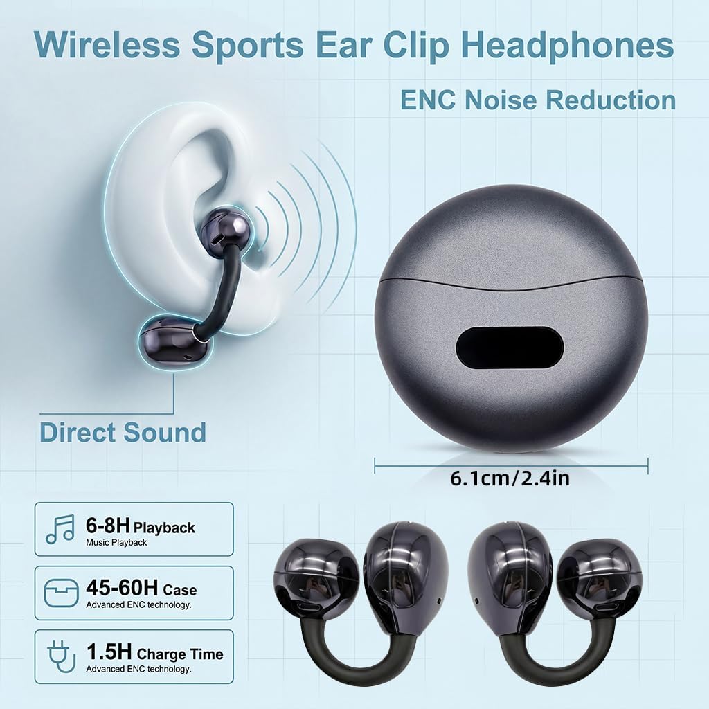 Open Ear Kopfhörer Bluetooth 5.4, Clip On Ohrhörer mit Innovativem Clip-Design, DNN Geräuschunterdrü