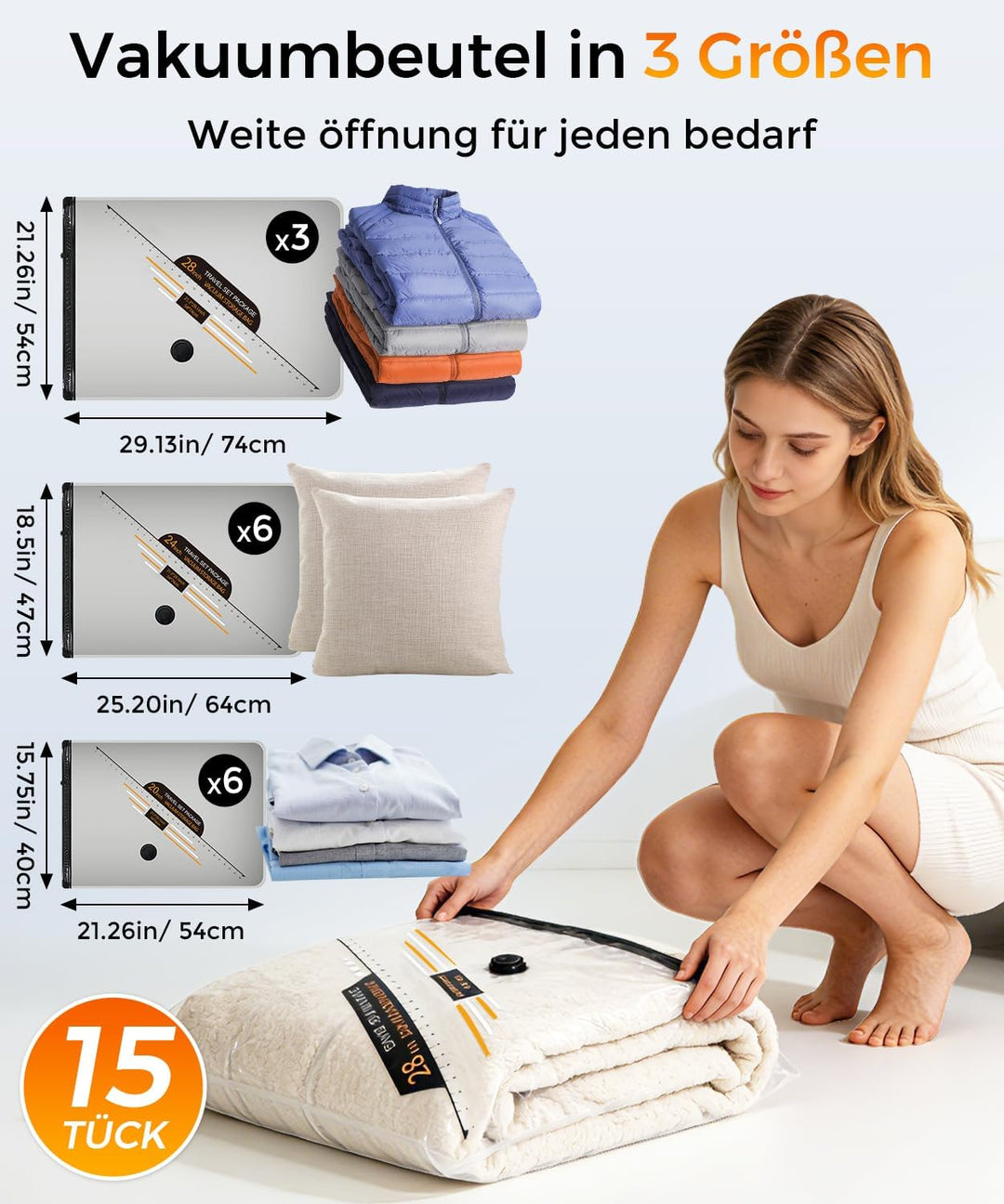 BOYUNSHI Vakuumbeutel für Kleidung mit Kabelloser Vakuumpumpe, 15 Stück Kompressionsbeutel für Kleid