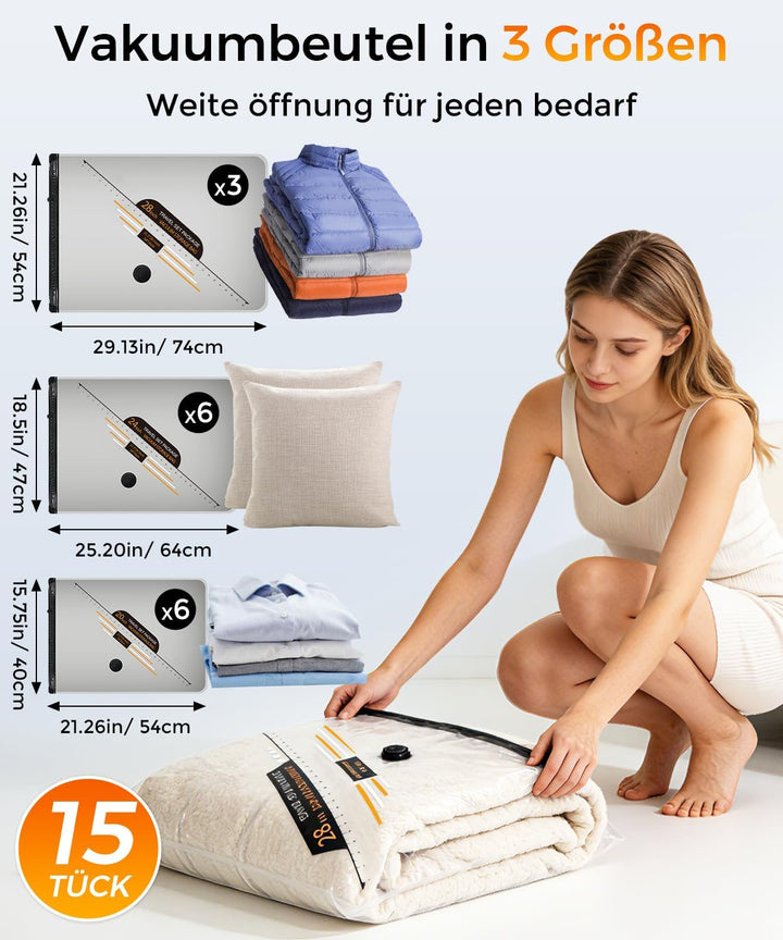 BOYUNSHI Vakuumbeutel für Kleidung mit Kabelloser Vakuumpumpe, 15 Stück Kompressionsbeutel für Kleid