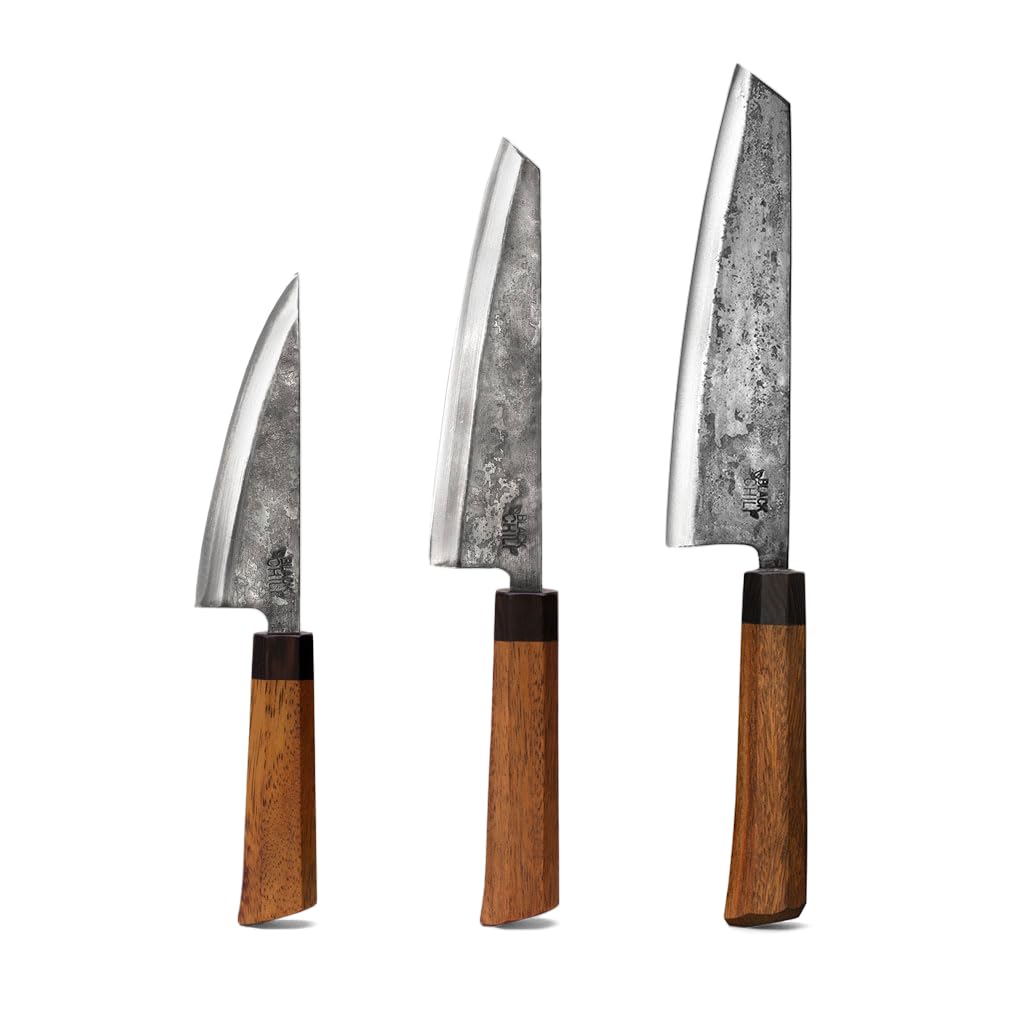 Black Chili Küchenmesser Set (3-teilig) | Chefmesser, Santoku Messer & Gemüsemesser mit Eisenholz Gr