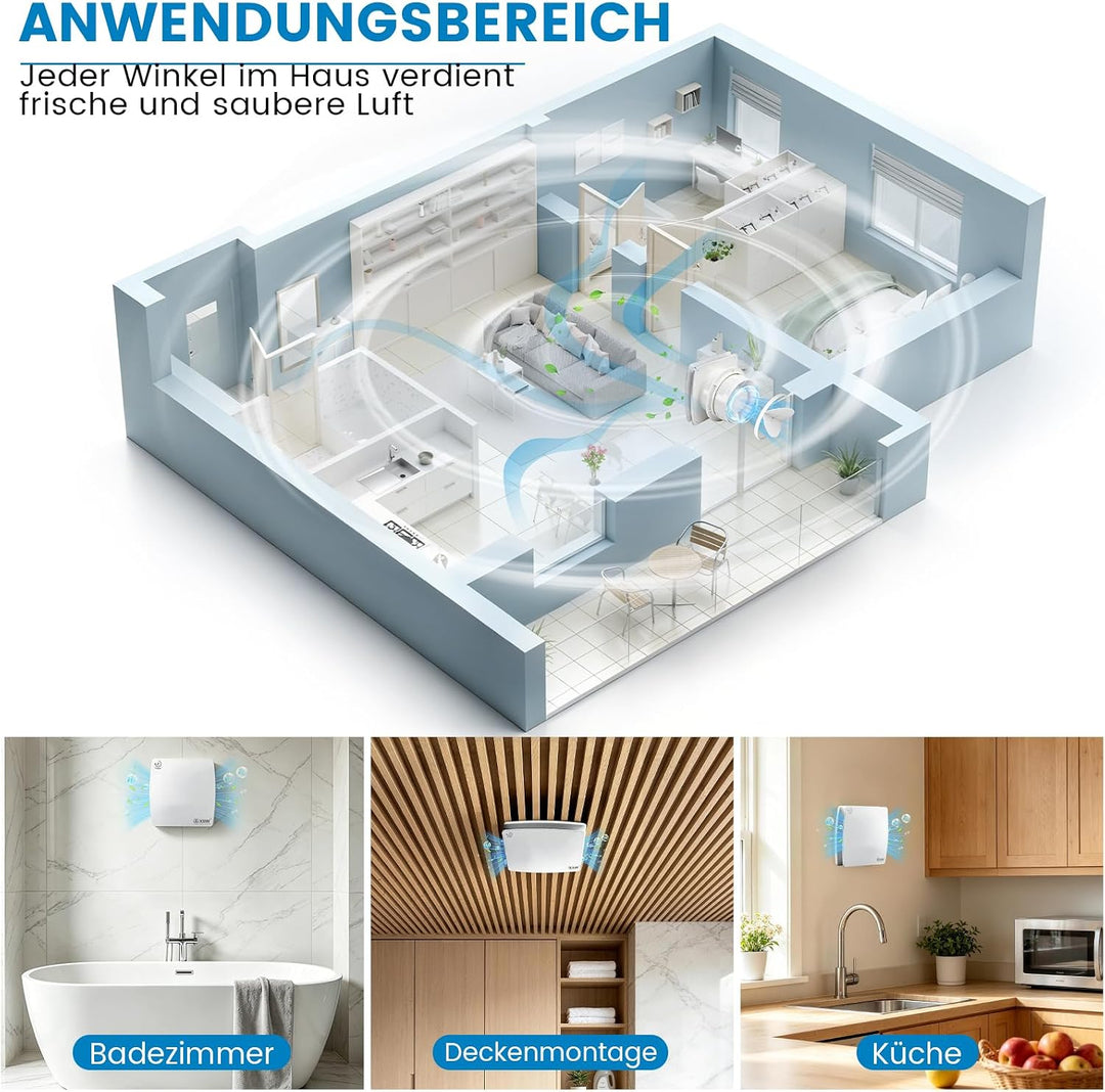 XIIW Badlüfter Ø100mm Weiss Abluftventilator mit Nachlauf und Rückstauklappe 95m³/h, 12 Watt / 34dB
