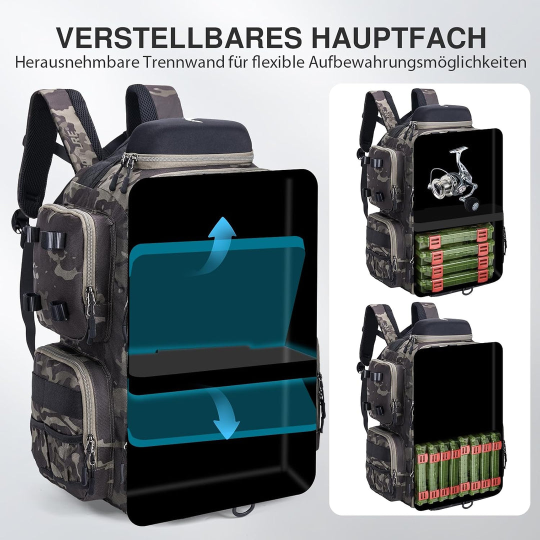 Goture Angelrucksack 45L, 4 Köderboxen, wasserdicht, Rutenhalter, Outdoor Schwarz Grau Tarn mit 4 Kö