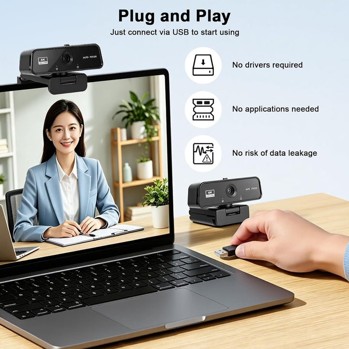 Webcam 4K UHD mit Autofokus & automatischer Lichtkorrektur – USB 2.0 PC Kamera mit integriertem Mikr