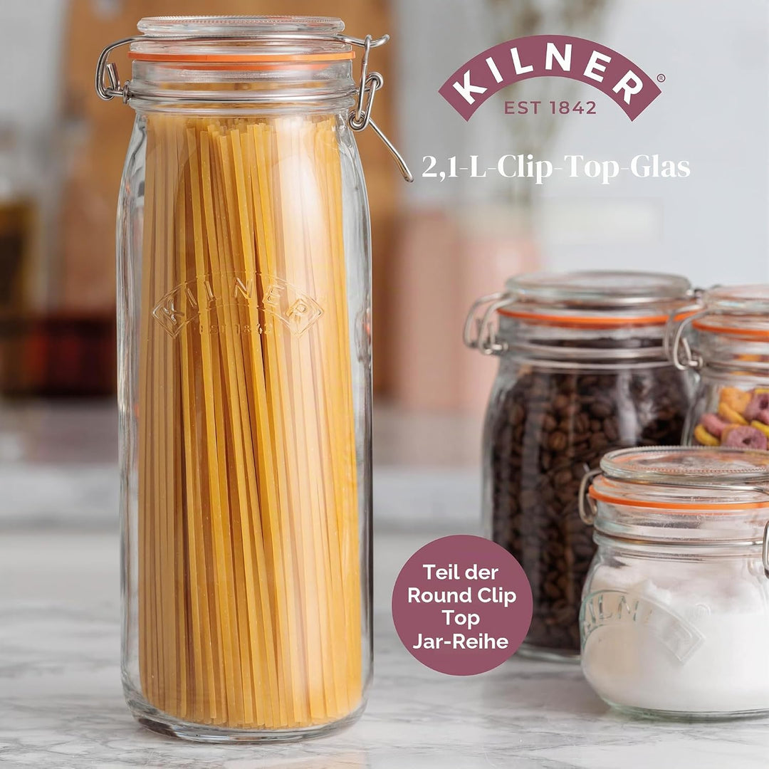 Kilner Einmachglas mit Bügelverschluss 2,1 L rund, Robustes luftdichtes Vorratsglas mit Edelstahlbüg