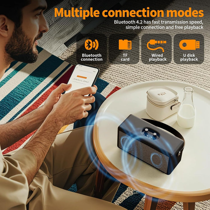Tragbarer Retro Bluetooth-Lautsprecher mit Ledergriff und Drehregler