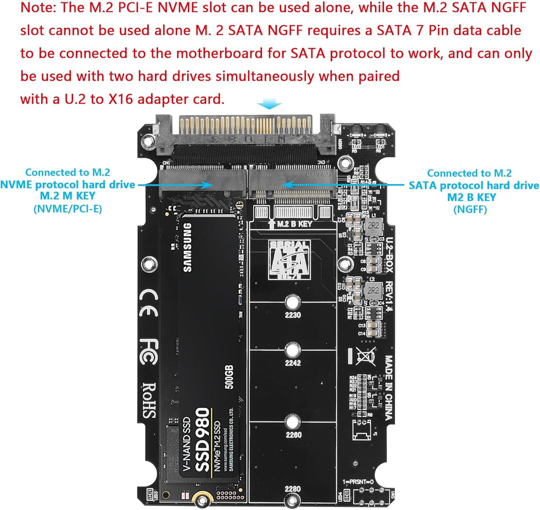 GINTOOYUN 2 in 1 Combo M.2 NVME/NGFF auf U.2 (SFF-8639) Adapterkarte - PCI-E NVME (M Key)/SATA (B Ke