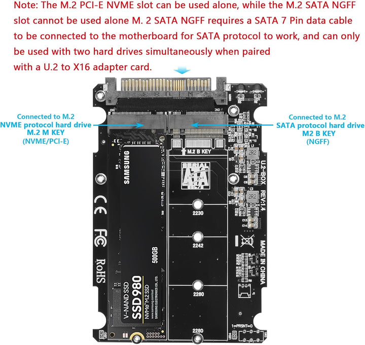 GINTOOYUN 2 in 1 Combo M.2 NVME/NGFF auf U.2 (SFF-8639) Adapterkarte - PCI-E NVME (M Key)/SATA (B Ke