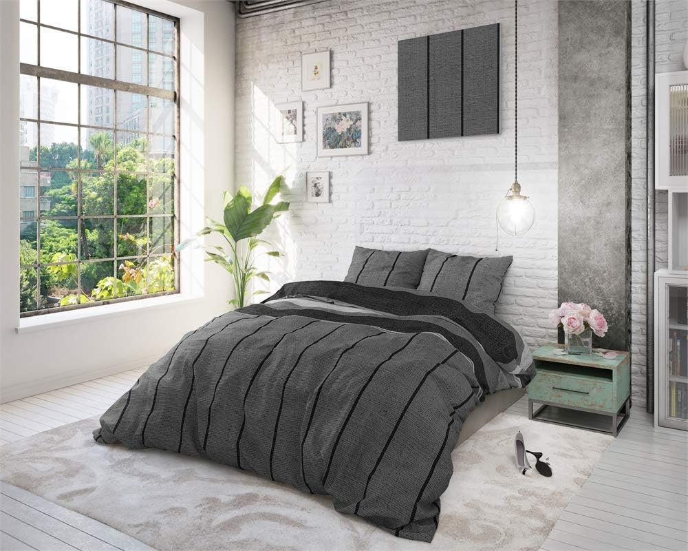 Sleeptime Bettwäsche Baumwolle, Grau, Kees, 200cm x 220cm, Mit 2 Kissenbezüge 60cm x 70cm 200 x 220