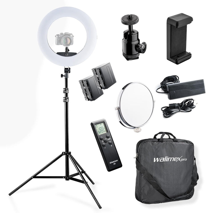 Walimex pro dimmbares LED Ringlicht mit Stativ & 2 Akkus und Ladegerät I Medow 960 Pro Bi Color I 96