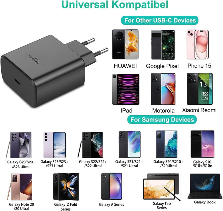 45W (USB Typ-C)(1 Weiss+1 schwarz Schnellladegerät) Android Netzteil Type C für Samsung Galaxy S24/