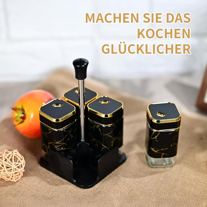 Miorkly Gewürzgläser Eckig - 4er Set mit Sockel,120ML Gewürzstreuer Set mit Schwarz Drehdeckel,Hochw