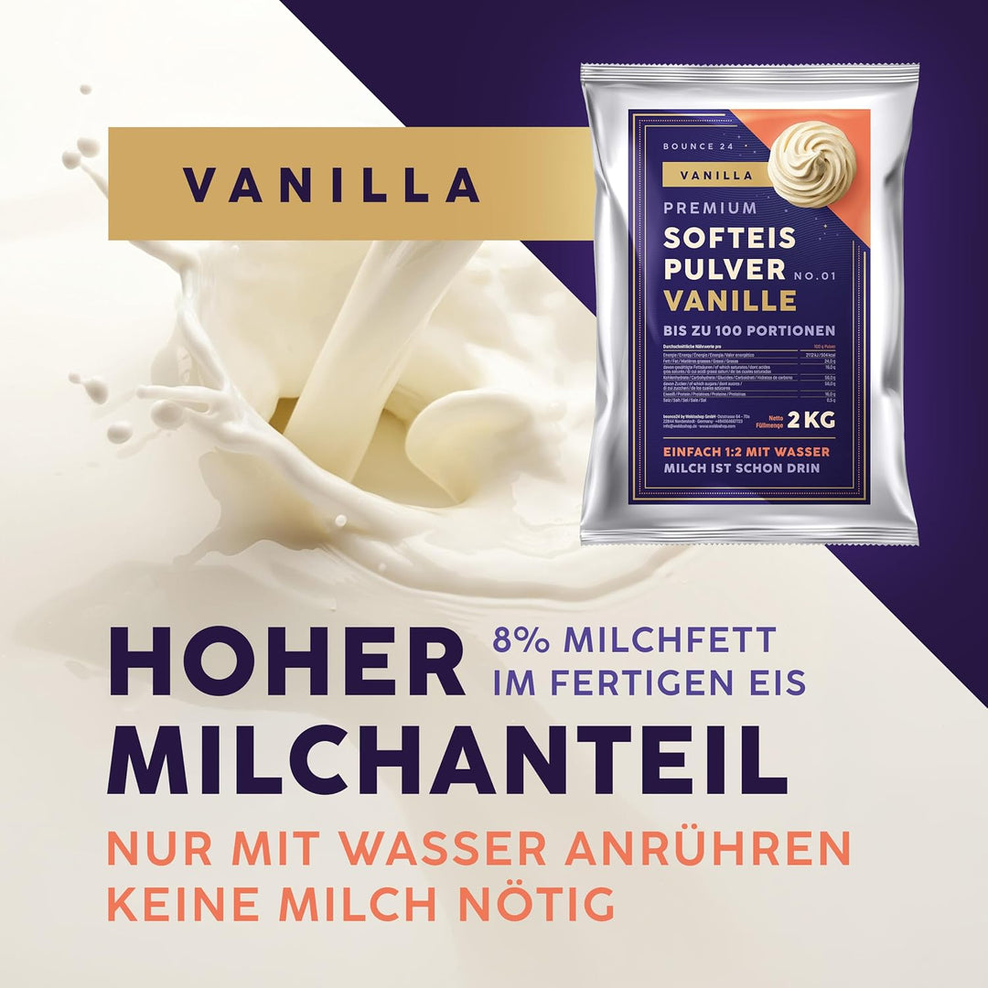 Bounce24 Softeispulver für Eismaschine | Vollmilchpulver enthalten, nur Wasser anrühren, cremig, ohn