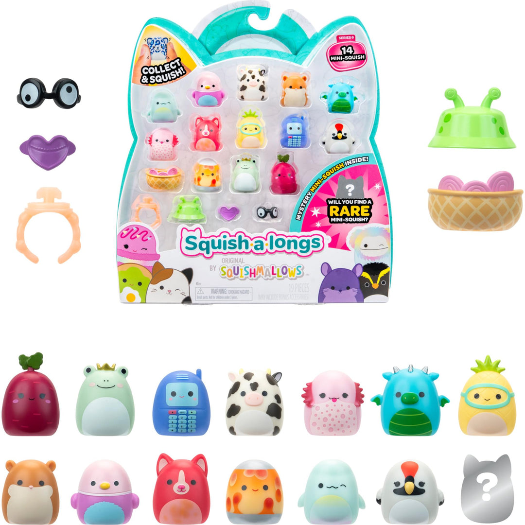 Squish-a-longs SQAL0269-14er Pack, enthält 14x 2,5 cm Mini-Squish mit 4X Accessoires, 1x Ring und 1x