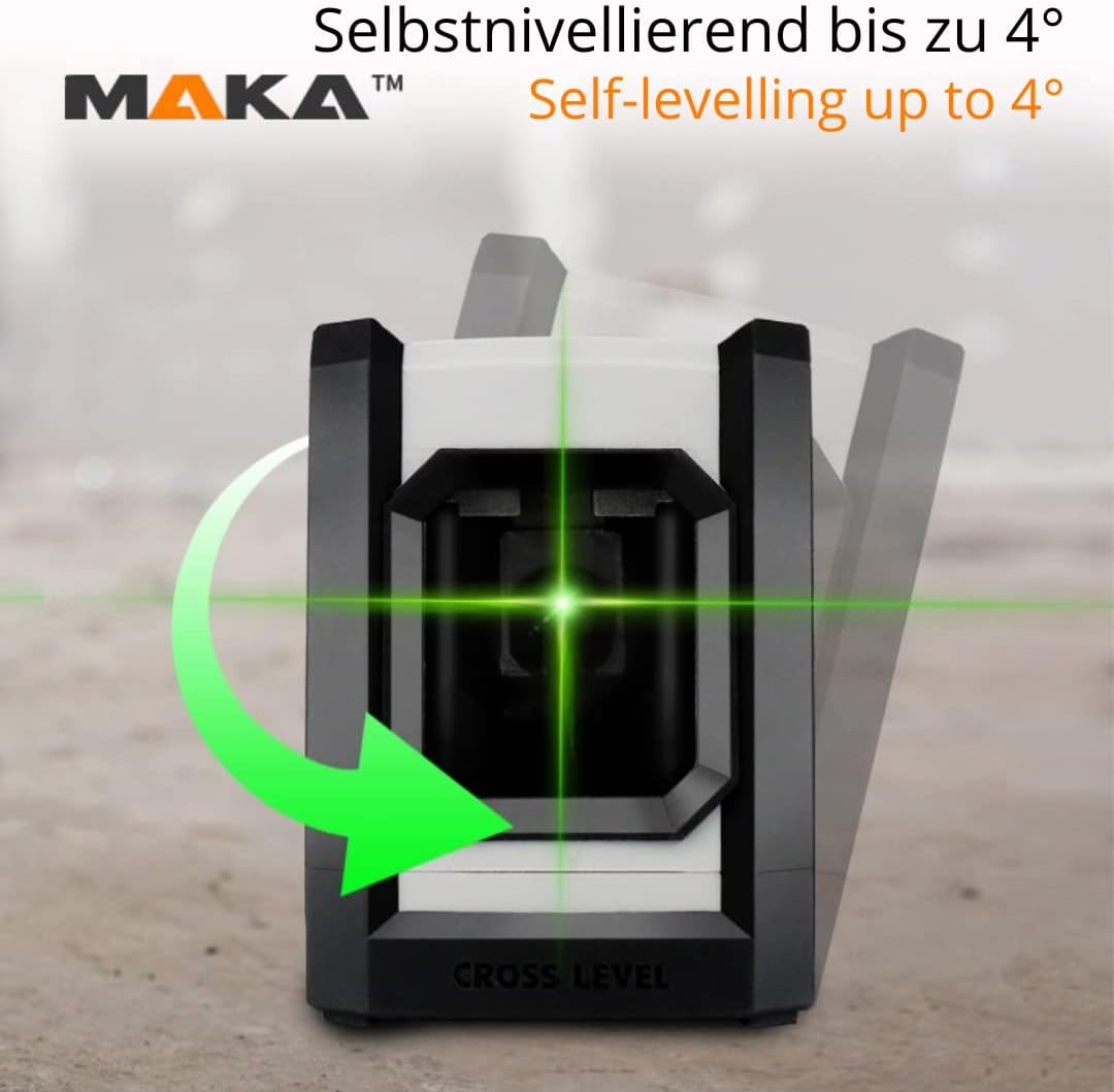 MAKA Grüner Kreuzlinienlaser - USB-C aufladbar - 0,3 mm/m - 4° Selbstnivellierend Linienlaser - IP54