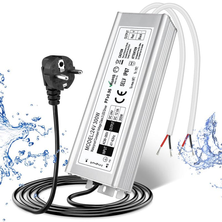 LED Trafo 24V 300W IP67, Outdoor Wasserdicht Transformator mit Stecker, LED Netzteil Treiber 230V au