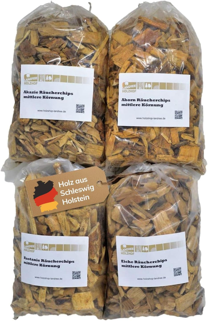 Landree® Starter-Set Räucherchips Akazie, Ahorn, Kastanie, Eiche - 4 x 2 Liter -Halbes Schwein- Wood