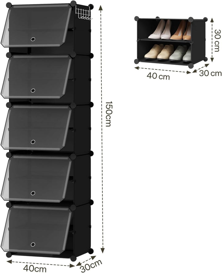 WOLTU Schuhregal, Schuhschrank mit 10 Fächern, Platzsparend, Mit Haken, Schuhablage Kunststoff, für