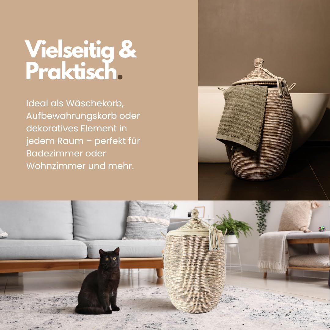 Afrikanischer Wäschekorb mit Deckel | Geflochtener Korb Mbour | Handgefertigt aus Savannengras und K