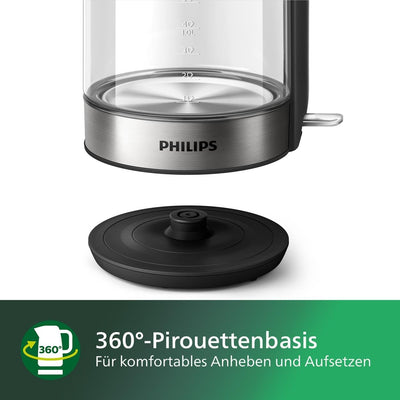 Philips Wasserkocher – 1.7 L Fassungsvermögen mit Kontrollanzeige, Glas, Pirouettenbasis