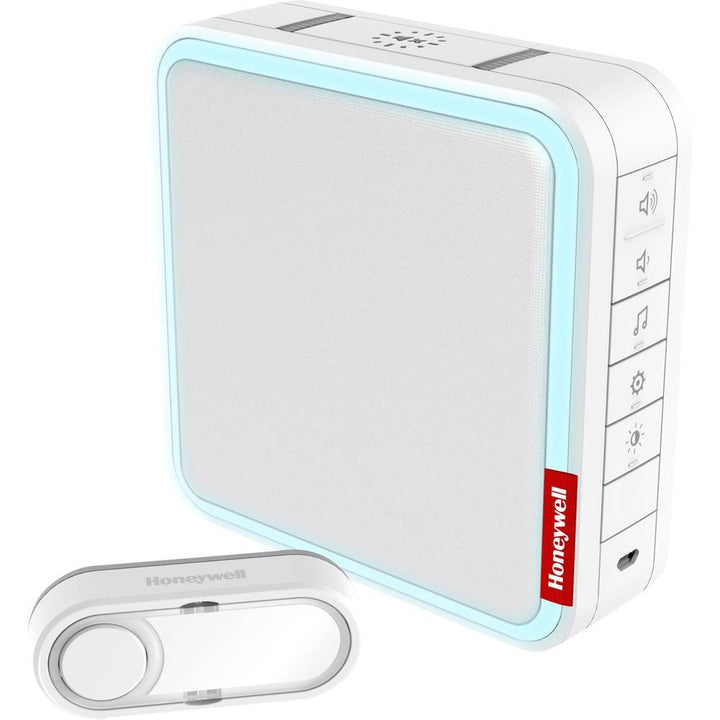 Honeywell Home DC917S Serie 9 Tragbar, Funk-LED-Gong mit Klingeltaster &amp; anpassbarer MP3-Melodie (we