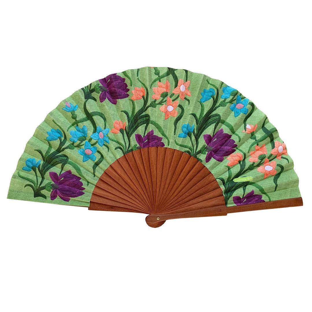 Spanischer Handfächer Martina – Holz und Baumwolle – 23 cm – Etui und Hülle aus Jute – Modeaccessoir
