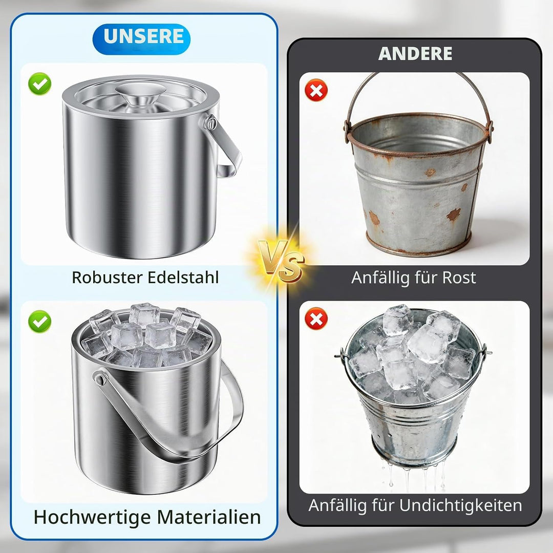 Eiswürfelbehälter Edelstahl 3L Doppelwandig, Eiskübel Set mit Deckel Eisschaufel und Zange, Perfekt