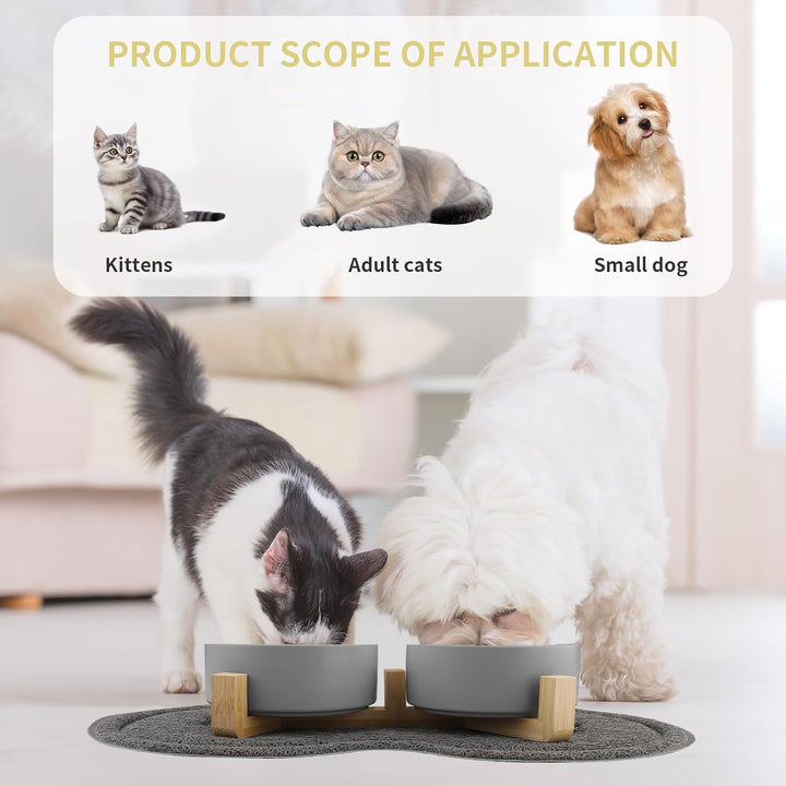 Katzennapf, 2 Stück Keramik Futternapf Katze Set, 3-in-1 rutschfeste Katzennäpfe mit Holzstände und