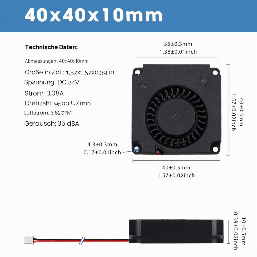 GDSTIME 2 Stück 4010 Lüfter 24V Blower Fan 4010 Radiallüfter 24V Lüfter 40x40x10 9500 U/min Für Kühl