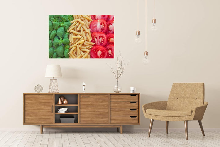 islandburner XXL Bild Poster Italienisches Essen Mit Hintergrund Teigwaren Tomaten Basilikum Küchenb