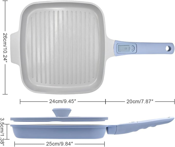 Keramik Grillpfanne 26 x 24 cm mit Deckel, Abnehmbarer Griff, Blau, Blau