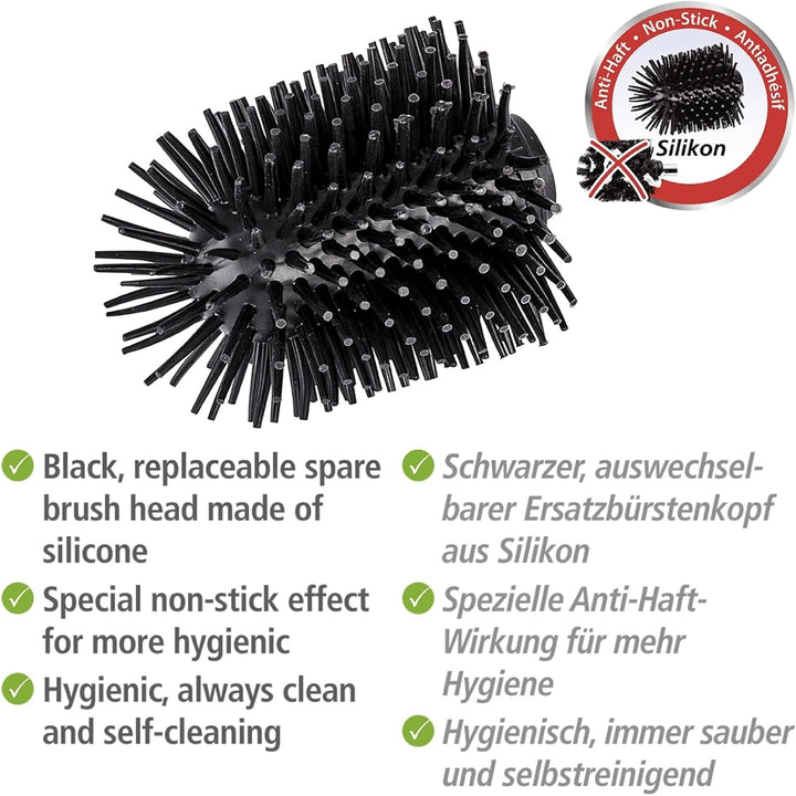 WENKO Ersatzbürsten WC-Garnitur Silikonkopf Anti-Haft 4er Set freistehend Schwarze WC-Bürste Ersatzt