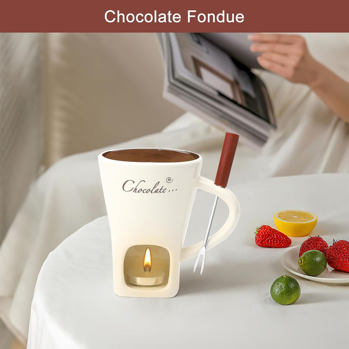 Schokofondue Tasse Keramik 130ML Schoko Fondue Cup mit Teelichthalter und Gabeln Schokoladenfondue S