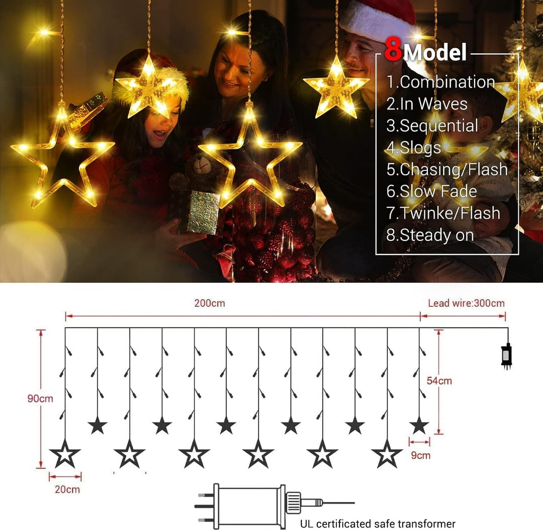 GlobaLink Lichterkette Sterne erweiterbar, 12 Sterne 138 LEDs Lichtervorhang Weihnachtsbeleuchtung I