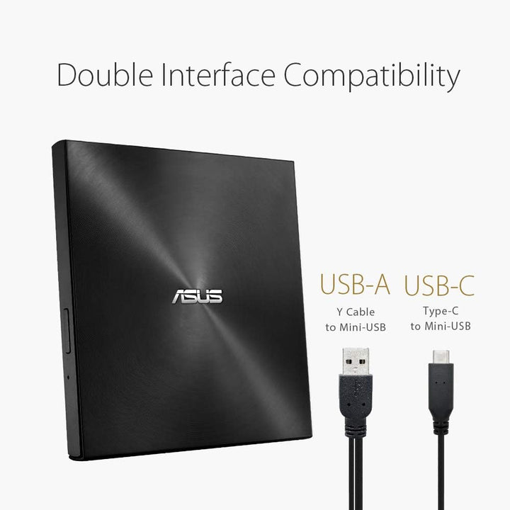 ASUS ZenDrive U9M Schwarz – USB 2.0/USB-C Slim Externer DVD-Brenner Optische Disc 8X Speed Re-Writer